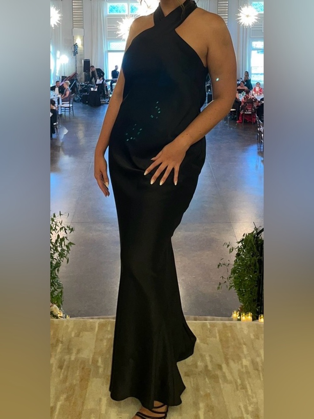 Black Satin Halter Tie-Back Trumpet Gown - Lovely Bride